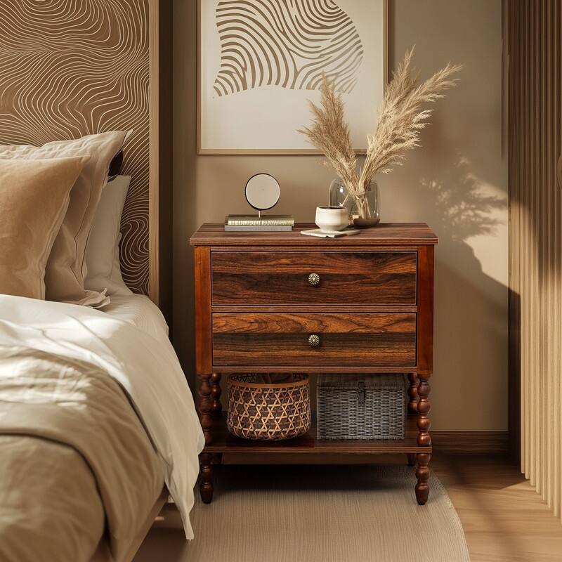 Brown Mid-Century Modern Hemmer 2 Drawers Lower Shelf P2 Particleboard 3D Paper Solid Wood Legs 24 Inches 1 Piece - Brown