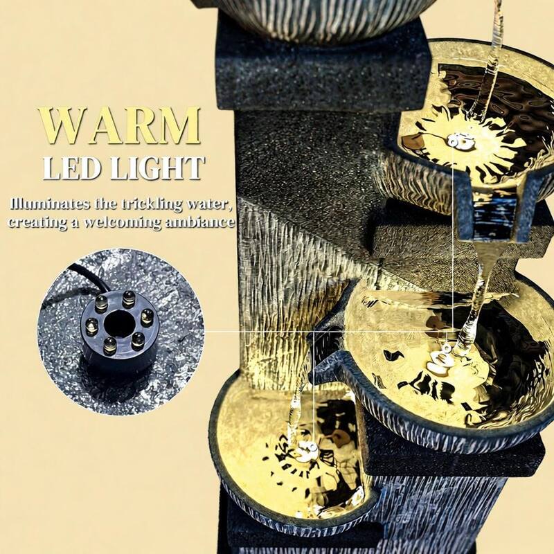 GDFStudio - 4-Tier Resin Outdoor Waterfall Fountain with LED Lights