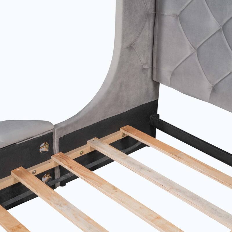 Queen Size Upholstered Platform Bed with Wingback Headboard and 1 Big Drawer,2 Side Storage Stool