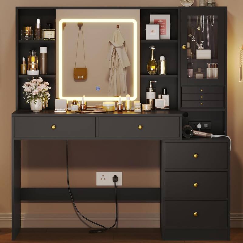 Vanity Desk with Sliding Mirror & Jewelry Organizer 5 Drawers - Black