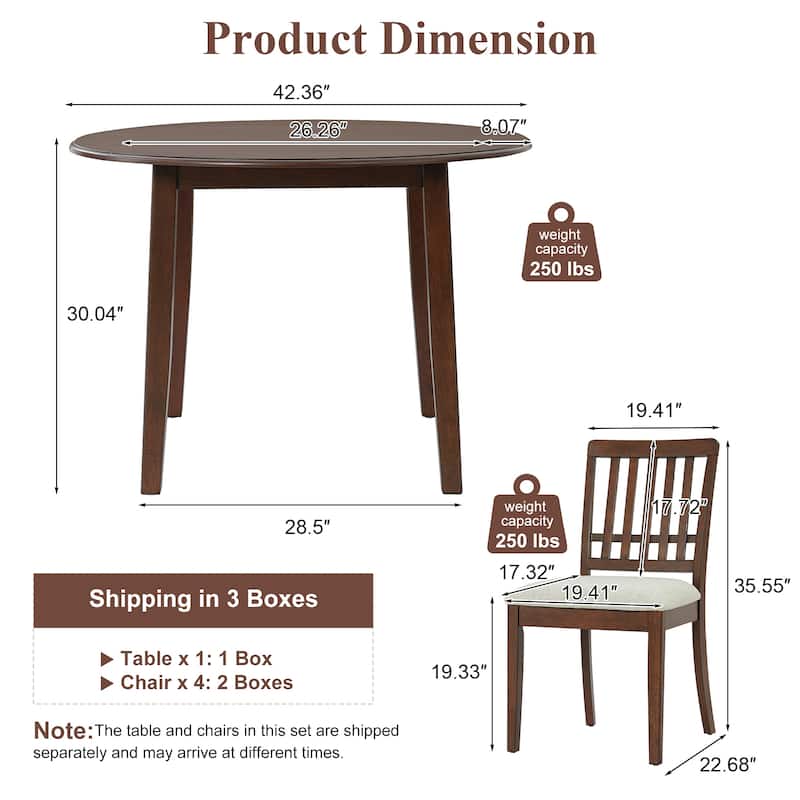 5-Piece Round Dining Table Set for 4 People, 1 Folding Wood Dining Table + 4 Upholstered Chairs, for Small Apartments