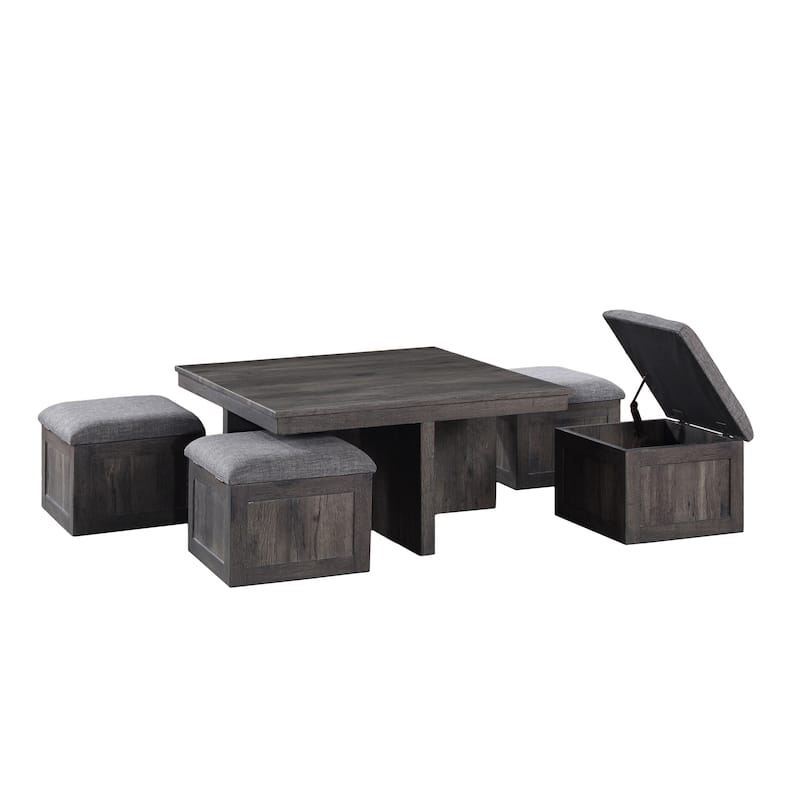 Wood Coffee Table Set with Storage Stools