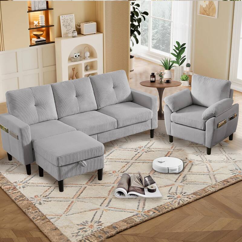 3 Pieces Corduroy Living Room Set with Sofa ,Storage Ottoman and Chair