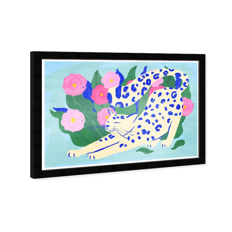 "Cat Yoga", Wild Cat Garden Modern Blue Framed Wall Art Print for Bedroom