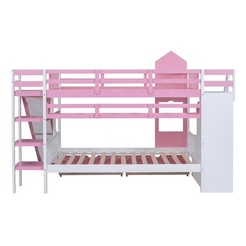 Pink Full-Over-Full Castle Bunk Bed with Drawers, Shelves, and Slide