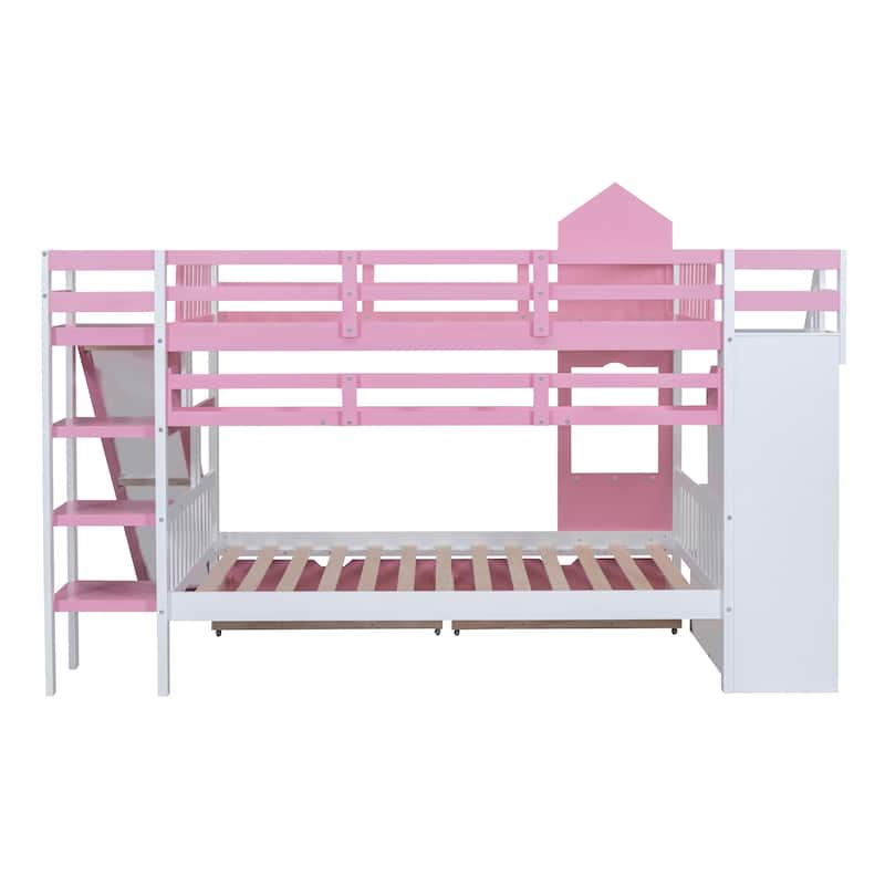 Pink Full over Full Size Solid Wood Castle Style Bunk Bed with Drawers and Slide