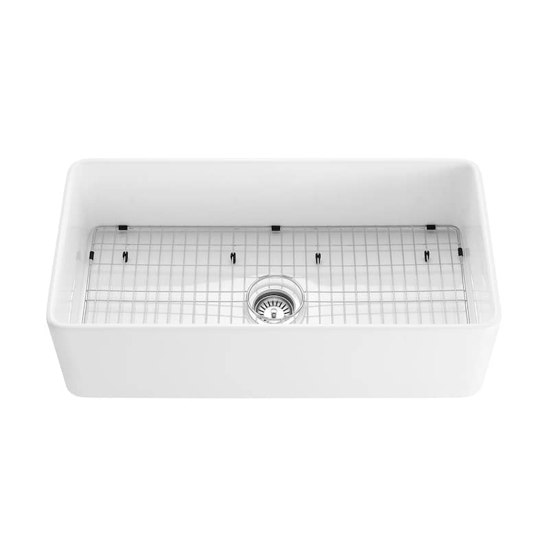 33" White Fireclay Farmhouse Undermount Kitchen Sink with Bottom Grid and Strainer