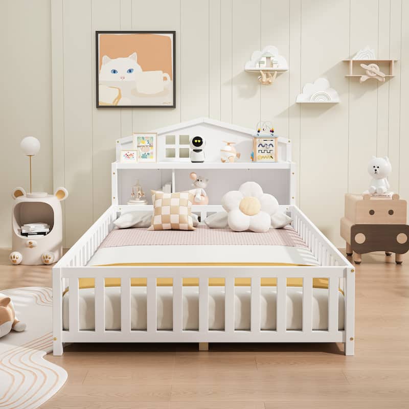 Full Size Platform Bed with Bookcases and Blackboards,Wooden Montessori Floor Bed Frame with Storage Headboard - White - Full