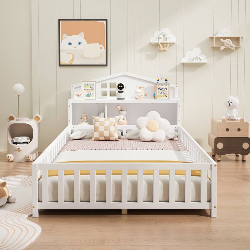 Full Size Plywood Montessori Floor Bed with Bookcases, Blackboards, Guard rails, Solid Wood Floor Beds and Storage Headboards