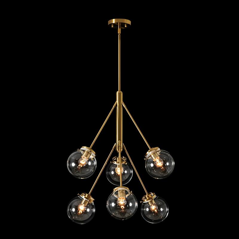 6-Light Modern Glam Sputnik Brass/Matte Black Finish Dimmable Chandelier with Clear Glass Globe for Living & Dining Room