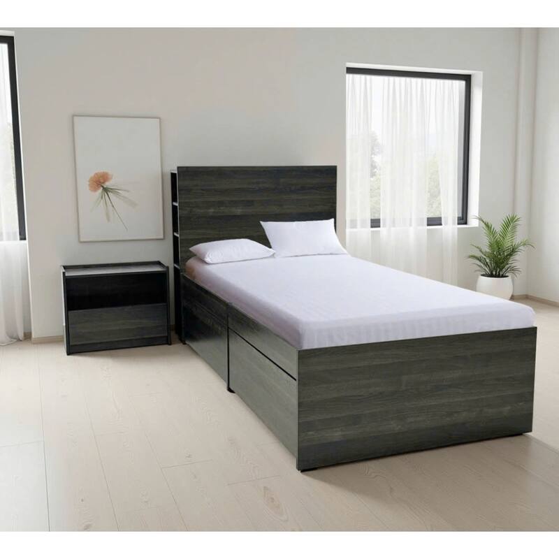 Modern Twin Storage Bed in Dark Gray with Drawers and Adjustable Shelving