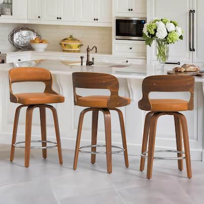 26.in Modern Set of 3 Leather Bar Stool Swivel Upholstered Hollow Back Counter Height Barstool with Wood Frame