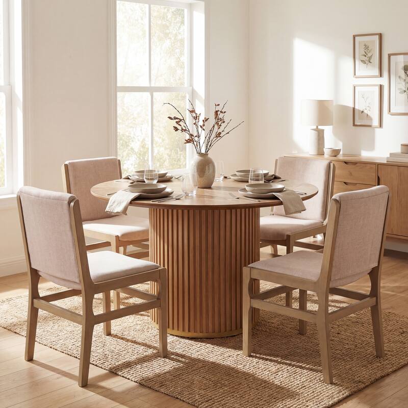 Christopher Knight Home - Mid-Century Modern 5-Piece Round Pedestal Dining Set with Upholstered Armless Dining Chairs - Light Ash+Beige Chair - Light Ash Table