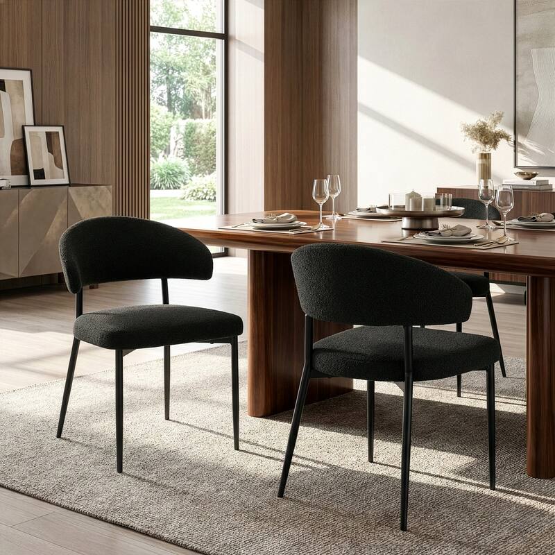 Set of 2 Ayoka Black Boucle Dining Chairs with Black Iron Legs