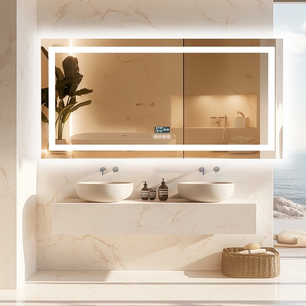 Smart LED Illuminated Fog free Large Bathroom Mirror with Bluetooth Speakers Digital Display Bed Bath Beyond 41079447