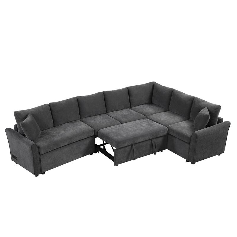 L-shaped Sofa Convertible Sofa Bed Pull Out Sofa Sleeper with Two Back Pillows, Two USB Ports and Two Power Sockets