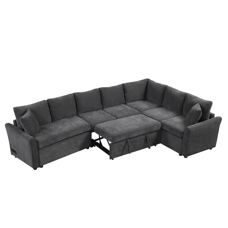 Roomfitters L-Shaped Convertible Pull-Out Sofa Bed with Two Back Pillows, USB Ports, and Power Sockets