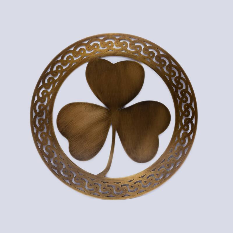 Steel Shamrock Wall Hanging with Celtic Knots and Round Design - 12” L x 12” H - Antique Brass
