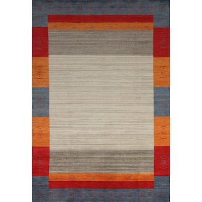 Hand Knotted Oriental 100% Wool Carpet Tribal Bordered Beige & Ivories Gabbeh Area Rug - 9' 9'' X 6' 8''