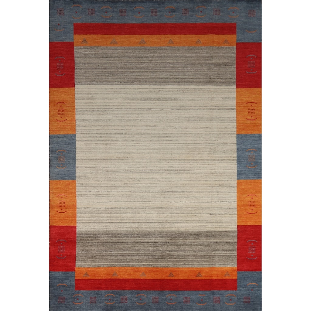 Hand Knotted Oriental 100% Wool Carpet Tribal Bordered Beige & Ivories Gabbeh Area Rug - 9' 9'' X 6' 8''