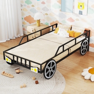 Costway Twin Car-Shaped Metal Bed Frame with Wheels Decorations Safety