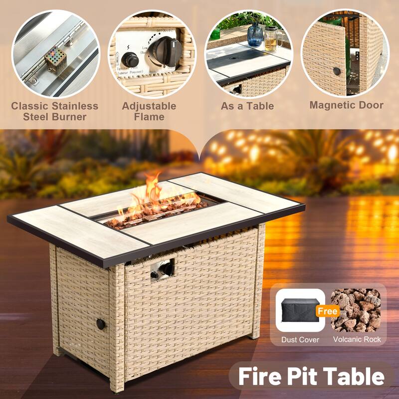 HOOOWOOO 9-piece Wicker Outdoor Patio Seating Set with Fire Pit Table