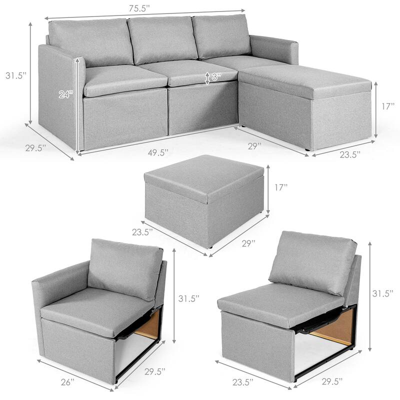 Gymax Convertible L-shaped Sectional Sofa Couch Chaise w/ Ottoman - See Details