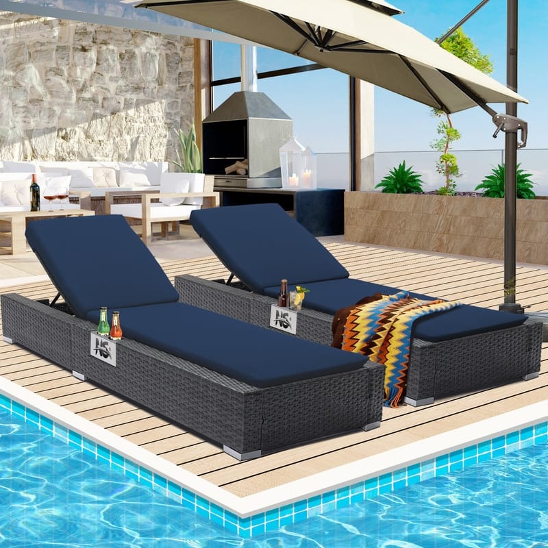 FINCATI Outdoor Patio Wicker Furniture Chaise Lounge Chair Set with Cushion Pool - N/A - Navy Blue