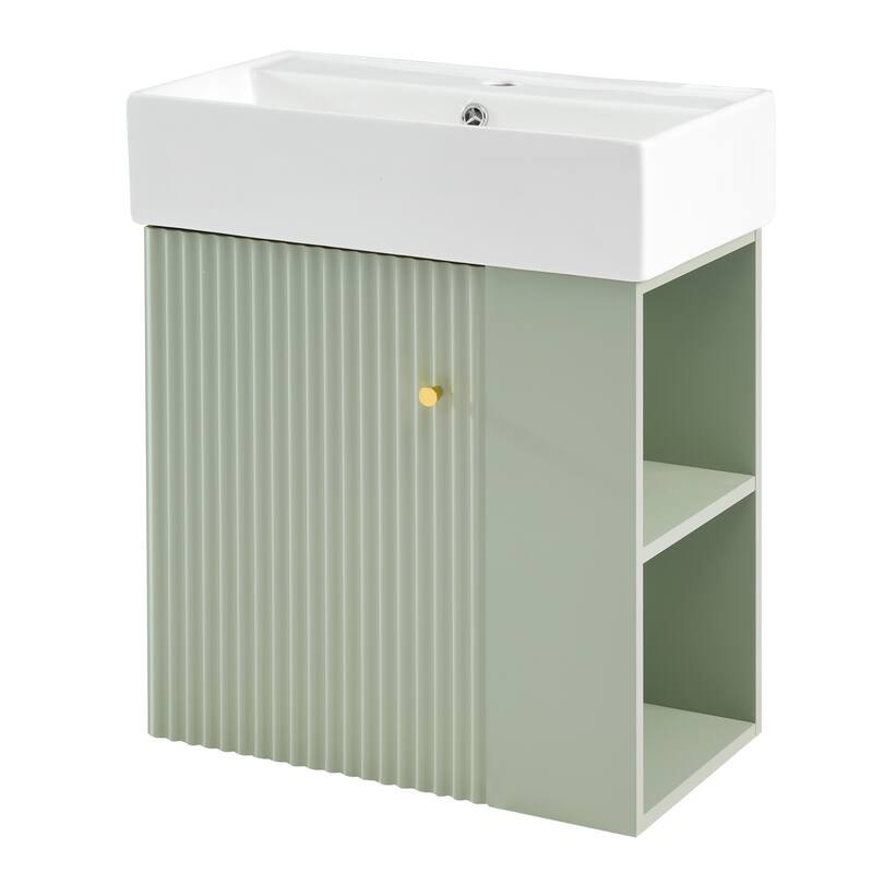Roomfitters Modern 21.6" Floating Bathroom Vanity with Ceramic Sink, Soft-Close Door and Open Side Storage
