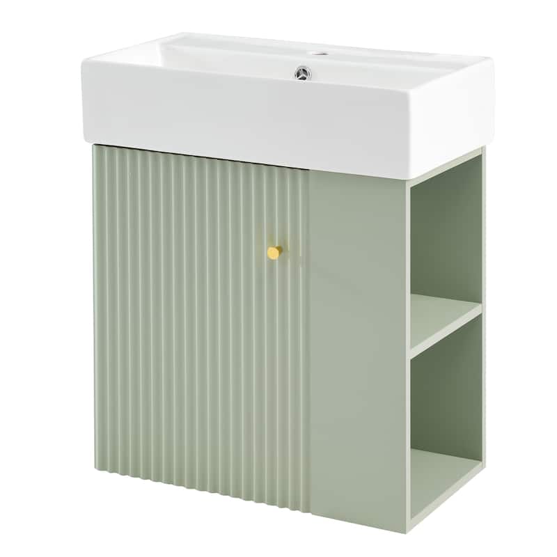 Wall-Mounted Bathroom Vanity Small Space Floating Cabinet with Sink, Wave-Patterned Door, Metal Handle and Right Side Storage