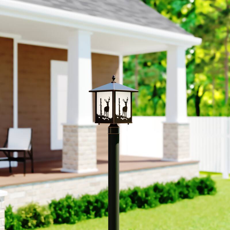 Bryce 1L Bronze Rustic Outdoor Deer Tree Post Light White Glass - 8-in W x 14-in H x 8-in D