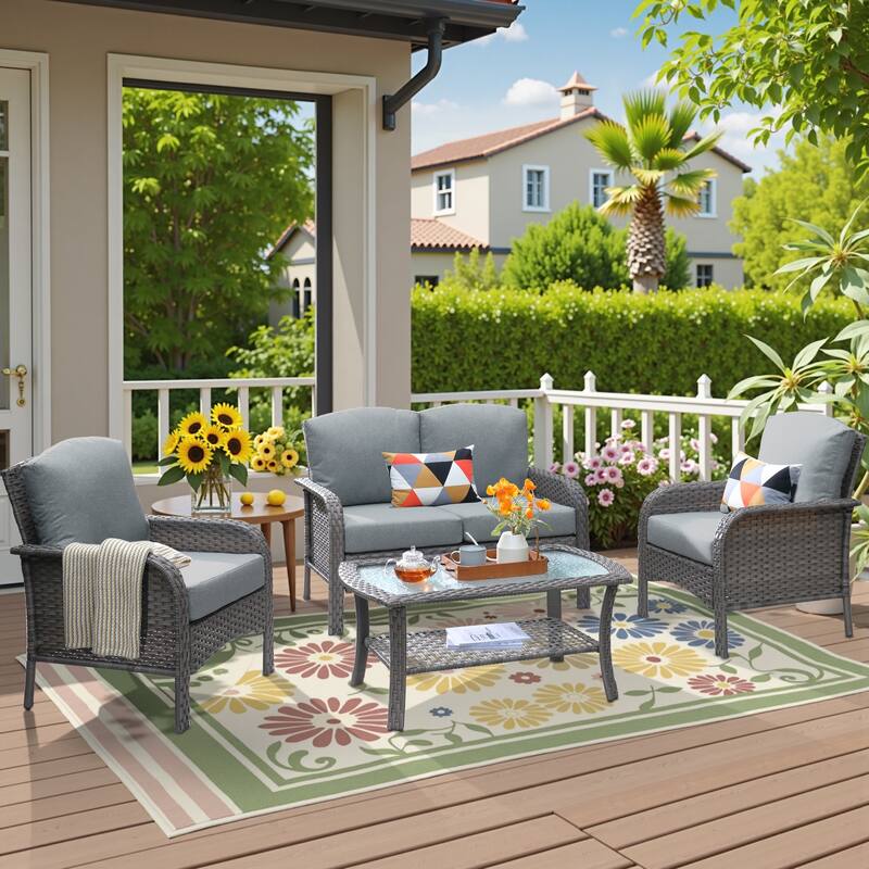 HOOOWOOO 4-piece Wicker Outdoor Conversation Sofa Set with Glass Coffee Table - Dark Grey