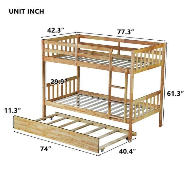 dimension image slide 1 of 4, Rubber Wood Bunk Bed with Trundle,Convertible into 2 Twin Size Beds,Twin Over Twin Size