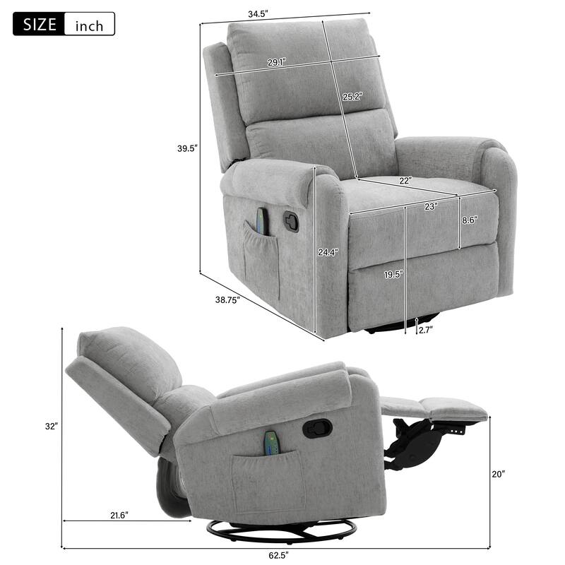 Manual Recliner Massage Recliner Chair Nursery Recliner Chair Swivel Rocker Recliner Sofa with a Side Storage Pocket