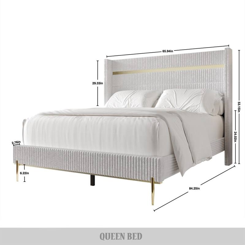 CraftPorch Luxurious Gold PU Strip Wingback Velvet Upholstered Bed