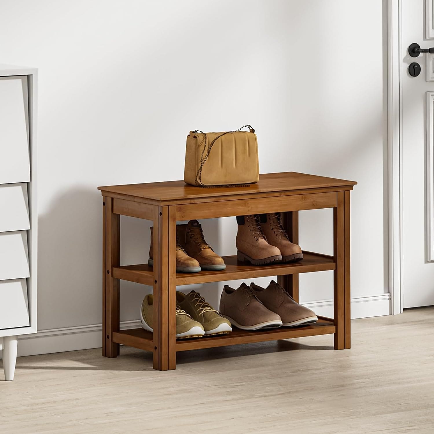 Tier Bamboo Entryway Storage Benches Rustic Solid Wood Shoe Rack