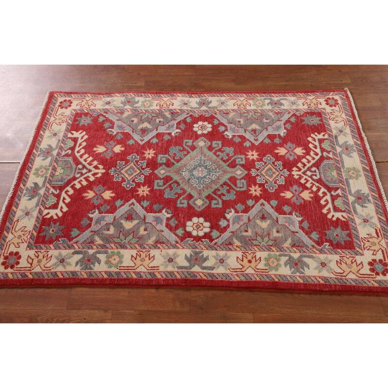 Red Kazak Accent Rug Handmade Geometric Wool Carpet - 3'4"x 4'8"