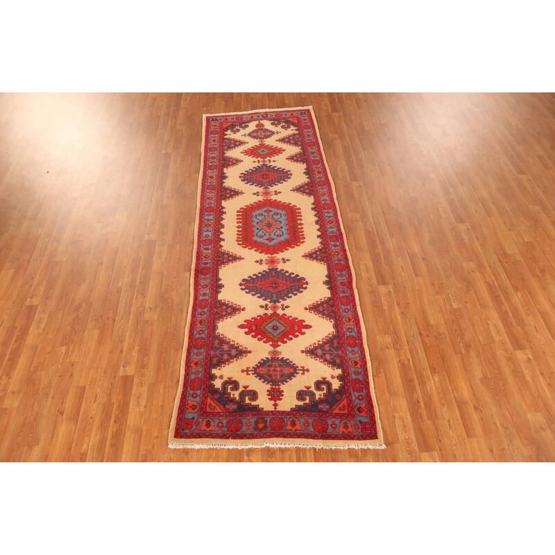 Hand Knotted Oriental 100% Wool Carpet Traditional Geometric Beige & Ivories Sarab Runner Rug - 9' 9'' X 3' 4''
