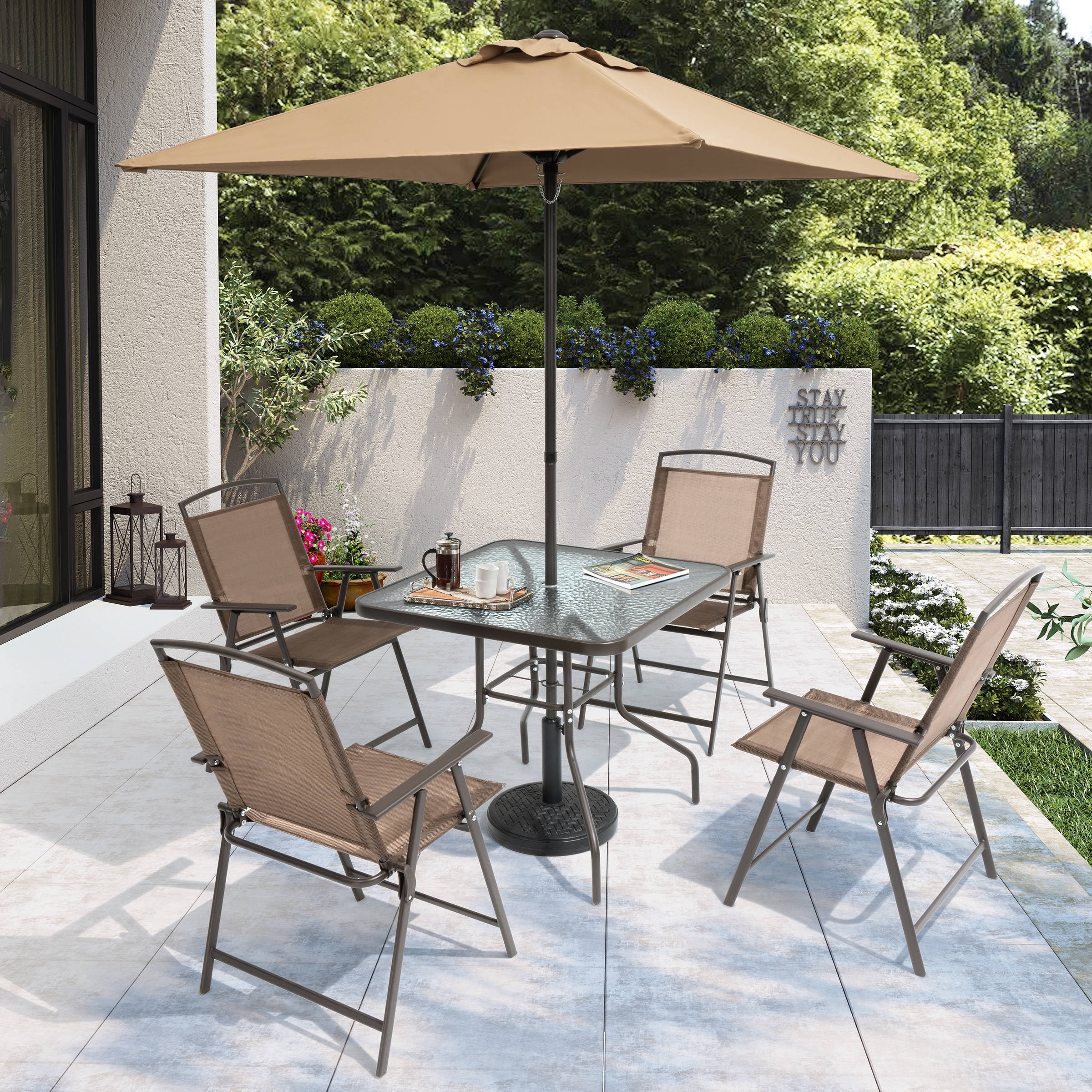 Pellebant 6 Piece Patio Set with Table Umbrella and 4 Folding Chairs 22.4 Wx26.8 Dx34.4 H