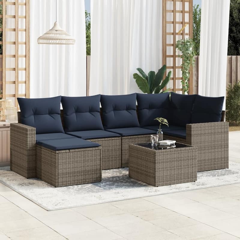 vidaXL Patio Sofa Set with Cushions Outdoor Conversation Furniture Poly Rattan - 25.8" x 24.4" x 27.2" - Beige and gray with table
