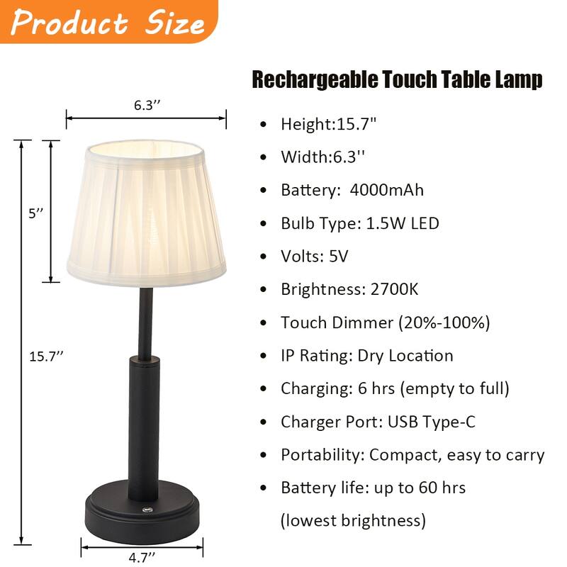 Modern Rechargeable LED Table Lamp with Fabric Shade Classic Touch Control USB Cordless Nightstand Light for Bedroom - W6''