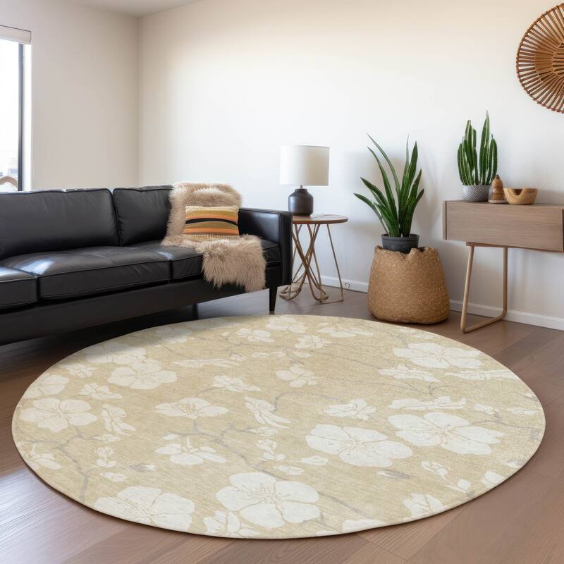 Machine Washable Indoor/ Outdoor Calm Floral Chantille Rug - Beige - 8' x 8'
