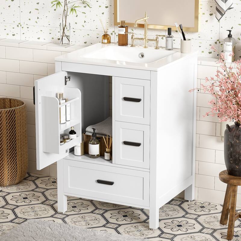 Modern 24" Bathroom Vanity with Ceramic Sink - Soft-Close Door with Double Shelf, 3 Drawers,for Small Spaces