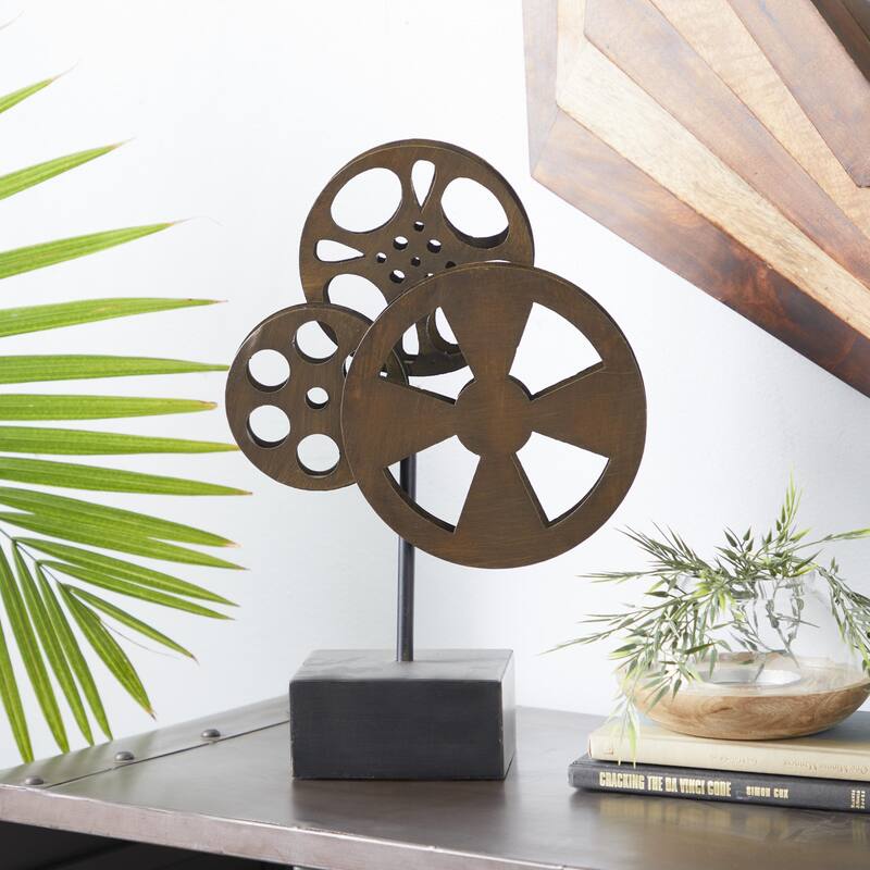 Metal Film Reel Decorative Sculpture with Elevated Block Base - Bronze - Roche River Decor