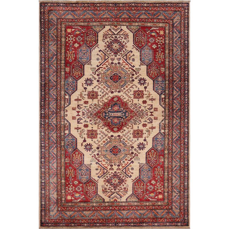Southwestern Super Kazak Romeo Beige/Blue Hand Knotted Wool Rug - 5'5'' x 8'1''