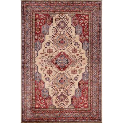 Southwestern Super Kazak Romeo Beige/Blue Hand Knotted Wool Rug - 5'5'' x 8'1''