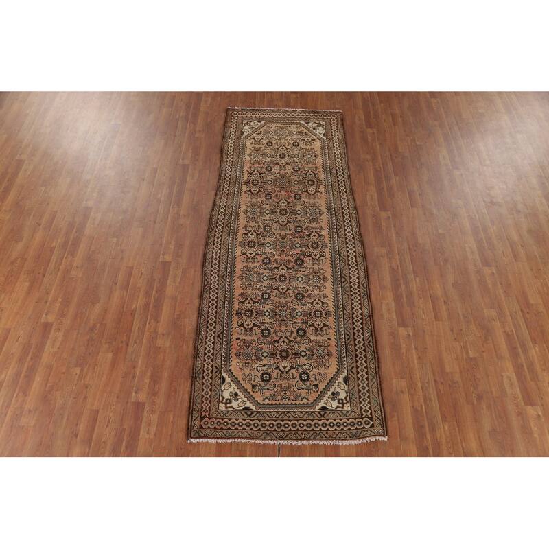 Hamedan Persian Vintage Runner Rug Hand-Knotted Peach Wool Carpet - 3'8" x 9'9"