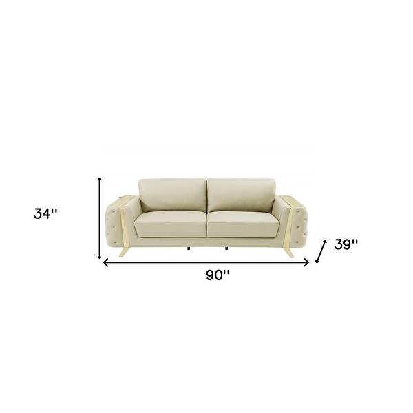 HomeRoots 90" Beige Italian Leather Sofa With Gold Legs - Bed Bath ...