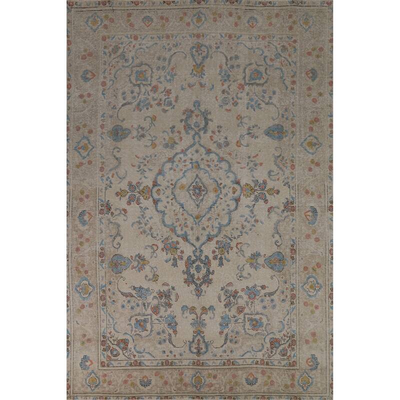 Tabriz Persian Area Rug Beige Floral Handmade Wool Carpet - 7'10"x 11'1"