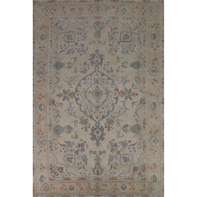 Tabriz Persian Area Rug Beige Floral Handmade Wool Carpet - 7'10"x 11'1"